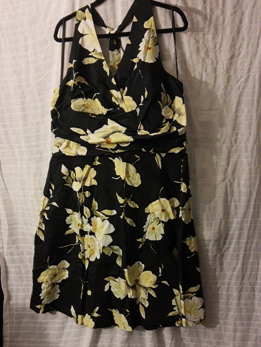Black Halter Midi Dress with Yellow Floral Print